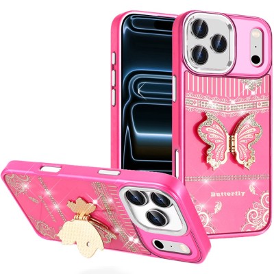 For iPhone 17 Pro Max Splendid Glitter Butterfly Design Stand with Metallic Edges Hybrid Case - Hot Pink
