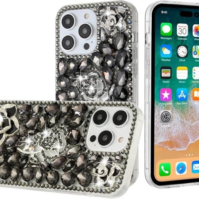 For Apple iPhone XR Floral Full Diamond Bling Case Cover - Smoke