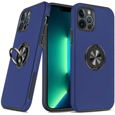 For iPhone 13 Pro CHIEF Oil Painted Magnetic Ring Stand Hybrid Case Cover - Dark Blue