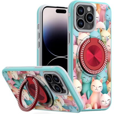 For Moto G Stylus 5G 2025 Metal Diamond CD Pattern Design Matte Finished Hybrid with Rotational Ring [Car Mount Friendly] Case - Cats