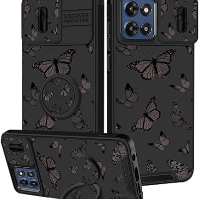 For Moto G Stylus 5G 2025 Splendid Floral Designs with Metal Camera and Buttons with Butterfly Ring Stand Hybrid Case - Black
