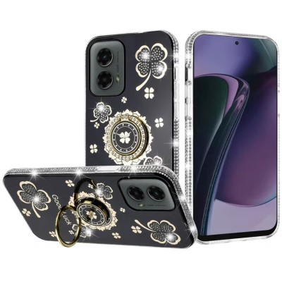 For Moto G Stylus 5G 2025 Splendid Glitter with Diamonds All Around Edges Ring Stand Case Cover - Black