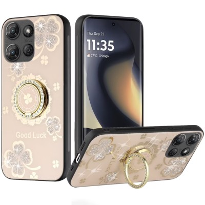 For Motorola Edge 2025 SPLENDID Diamond Glitter Ornaments Engraving Case Cover - Good Luck Floral Gold