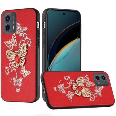 For Motorola Moto G 5G 2024 SPLENDID Diamond Glitter Ornaments Engraving Case Cover - Enchanted Butterfly Red