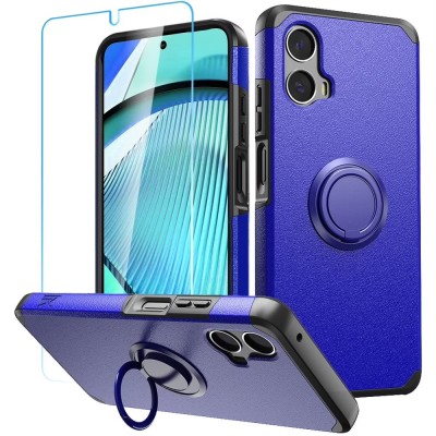 For Motorola Moto G Stylus 5G 2024 Tough Hybrid With Ring Stand + Tempered Glass - Classic Blue