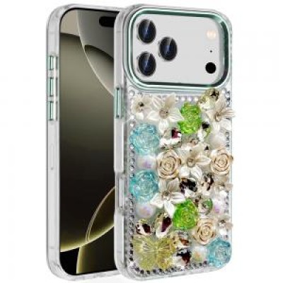 For iPhone 17 Pro Max Muti-Color Rose Bling Stones Ornaments  Case - Green