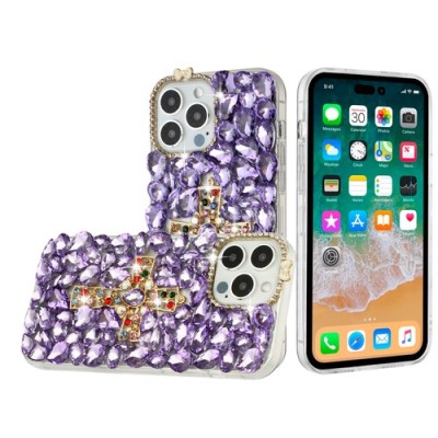 For iP15 Pro Max Cross Full Diamond Bling Case Cover - Purple