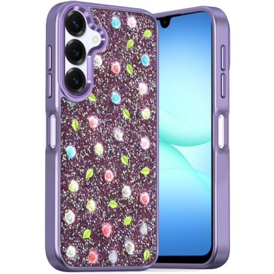 For Samsung A17 5G Stick-On Embedded Glass Diamonds of  Colorful Floral Arrangement HQ Hybrid Case - Purple