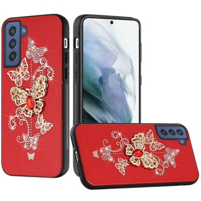 For Samsung Galaxy S21 FE SPLENDID Diamond Glitter Ornaments Engraving Case Cover - Garden Butterflies Red