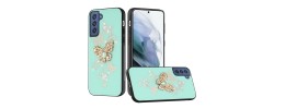 For Samsung Galaxy S21 FE SPLENDID Diamond Glitter Ornaments Engraving Case Cover - Garden Butterflies Teal