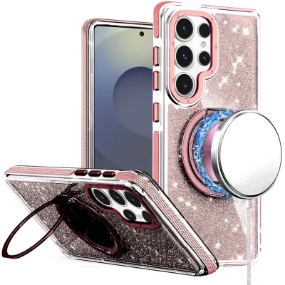 For Samsung s26 Ultra Glitz HQ Shimmer Glitter [Magnetic Ring Circle] with 360 degree Rotational Ring Kickstand Tough Hybrid Case - Gold