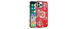 For iPhone 13 Pro Max Splendid Glitter with Diamonds All Around Edges Ring Stand Case Cover - Red