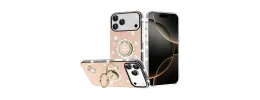 For iPhone 17 Pro Max Splendid Glitter with Diamonds All Around  Edges Ring Stand Case Cover - Gold