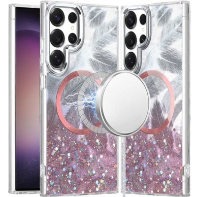 For Samsung S23 Ultra Epoxy Glitter Shimmer [Magnetic Circle] Hybrid Case - Light Pink