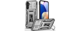 For Samsung Galaxy A37 Utter Tough Metal Ring Movable Camera Window Hybrid Case Cover - Gray