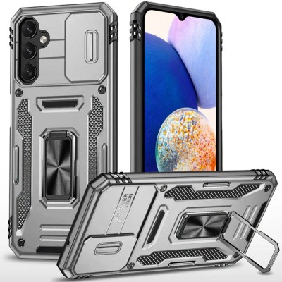 For Samsung Galaxy A37 Utter Tough Metal Ring Movable Camera Window Hybrid Case Cover - Gray