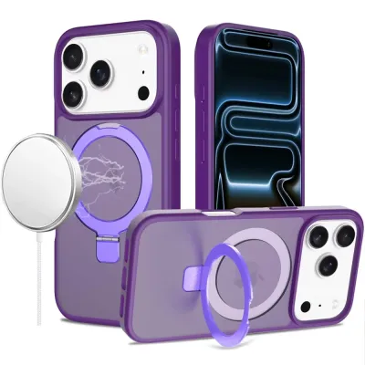 For iPhone 17 Pro Max Magnetic Matching Ring Stand Full Rotation Matte Hybrid - Dark Purple