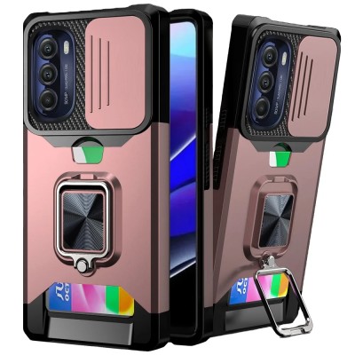 For Moto G Stylus 5g 2022 Multi-Functional Card Magnetic Ring Stand Hybrid Camera Case Cover - Rose Gold