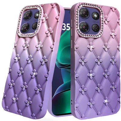 For Motorola Moto G Stylus 5G (2025) Floral Joy Glitter Shimmer Leather Feel Thick TPU Case - Light Pink/Light Purple
