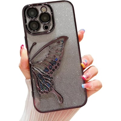 PKG iPhone 16 6.1 CHROME Glitter Butterfly Black