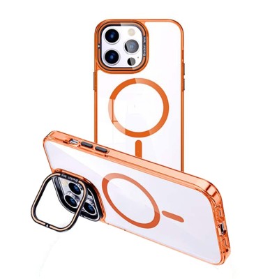 Premium Magsafe Transparent Case w/ Lens Stand01 - Orange