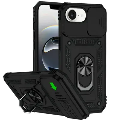 For iPhone 16E (E edition) / SE4 (2025) Well Protective Magentic Ring Stand Camera Protective Cover Case - Black