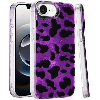 For iPhone 16E (E edition) / SE4 (2025) Glitter Double Layer Design IMD TPU Case - Purple Leopard