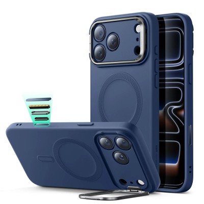 for iP17 PM Premium Magsafe Silicon w Lens Stand01 - Blue