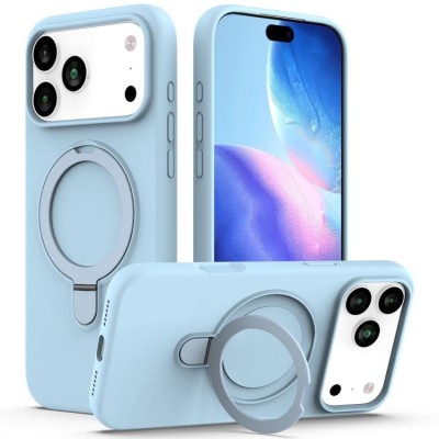 for iP17 PM Premium Magsafe Silicon w Lens Stand01 - Light Blue