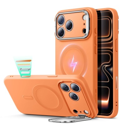 for iP17 PM Premium Magsafe Silicon w Lens Stand01 - Orange