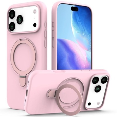 for iP17 PM Premium Magsafe Silicon w Lens Stand01 - Pink