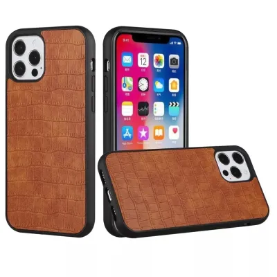 iP15 Pro Max Hard PU Leather Croc Design Hybrid Case Cover - Brown