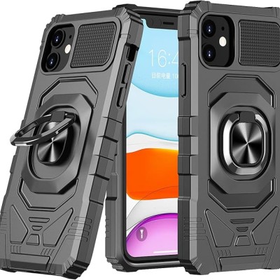 iP15 Pro Max Robotic Hybrid with Magnetic Ring Stand Case Cover - Black