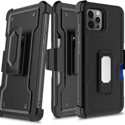 iP15 Pro Max CARD Holster with Kickstand Clip Hybrid Case Cover - Black