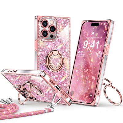iP15 Pro Max Cross Full Diamond Bling Case Cover - Pink