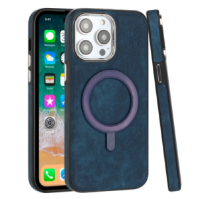 iP15 Pro Max Fashion PU Vegan Chrome Edged Case Cover - Dark Blue