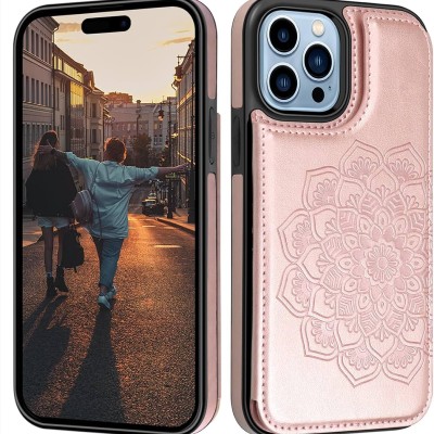 iP15 Pro Max Luxury Side Magnetic Button Card ID Holder PU Leather Case Cover - Rose Gold