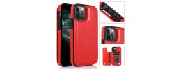 iP15 Pro Max Luxury Side Magnetic Button Card ID Holder PU Leather Case Cover - Red