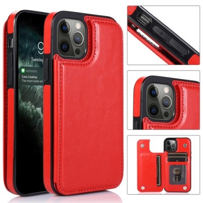 iP15 Pro Max Luxury Side Magnetic Button Card ID Holder PU Leather Case Cover - Red