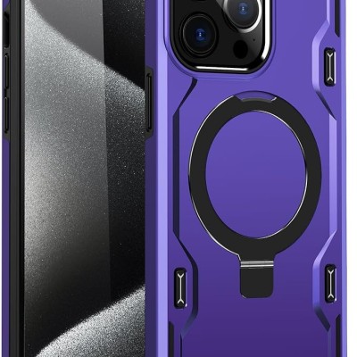 iP15 Pro Max Magnetic Ring Stand Simplistic Tough Hybrid Case Cover - Dark Purple