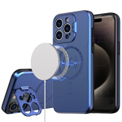 iP15 Pro Max Magnetic Ring Circle Camera Cap KickStand Hybrid UV Paint Matte Finish Case - Blue