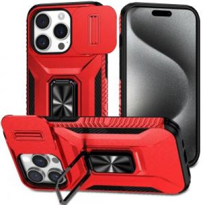 iP15 Pro Max Magnetic Ring Circle Camera Cap KickStand Hybrid UV Paint Matte Finish Case - Red