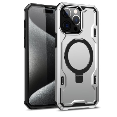 iP15 Pro Max Magnetic Ring Stand Simplistic Tough Hybrid Case Cover - Silver
