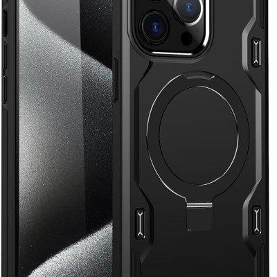 iP15 Pro Max Magnetic Ring Stand Simplistic Tough Hybrid Case Cover - Black