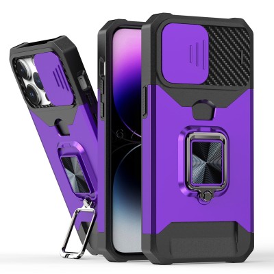 iP15 Pro Max Multi-Functional Card Magnetic Ring Stand Hybrid Camera Case Cover - Dark Purple