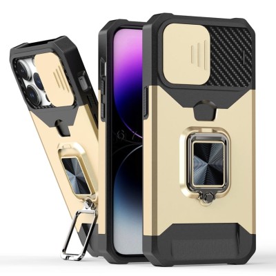 iP15 Pro Max Multi-Functional Card Magnetic Ring Stand Hybrid Camera Case Cover - Gold