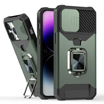iP15 Pro Max Multi-Functional Card Magnetic Ring Stand Hybrid Camera Case Cover - Midnight Green