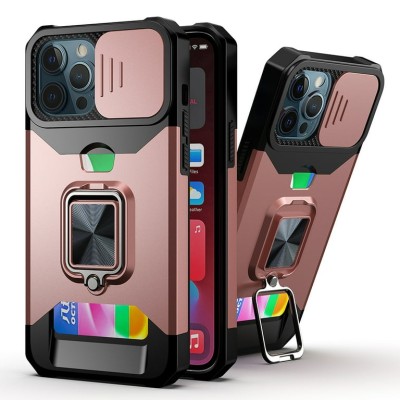 iP15 Pro Max Multi-Functional Card Magnetic Ring Stand Hybrid Camera Case Cover - Rose Gold