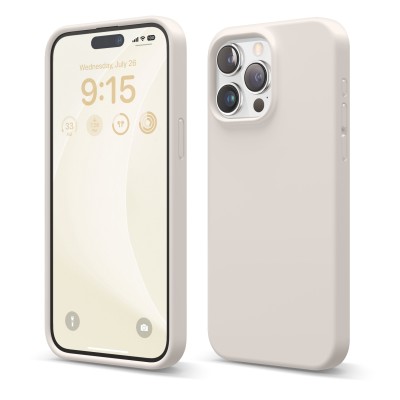iP15 Pro Max Premium LIQUID Silicone with Metal Buttons and Camera Edges Case Cover - Beige