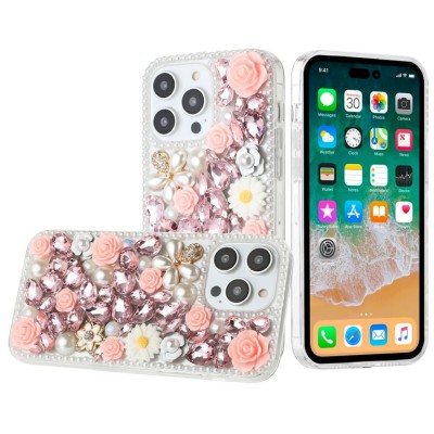 iP15 Pro Max Rose Flower Full Diamond Bling Stones - Pink